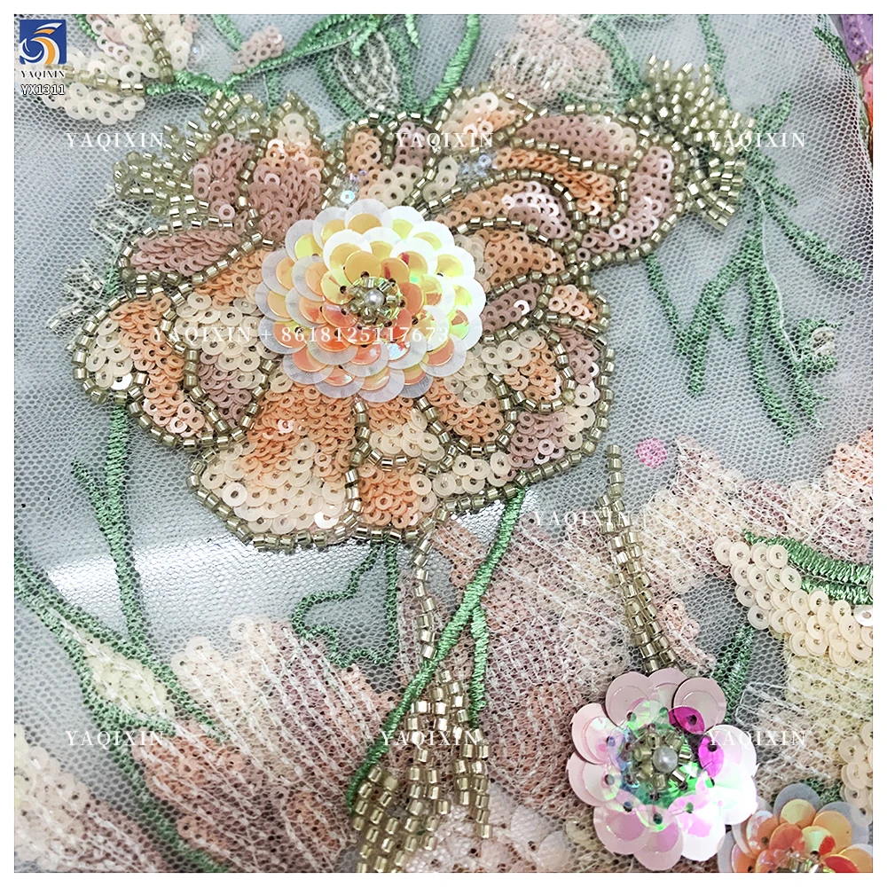 YX1311 Heavy Embroidery Pearls Sequins Lace Fabric Flowers Handmade Embroidered Lace Fabric Most Popular in Chinese 2026 - 图片 5
