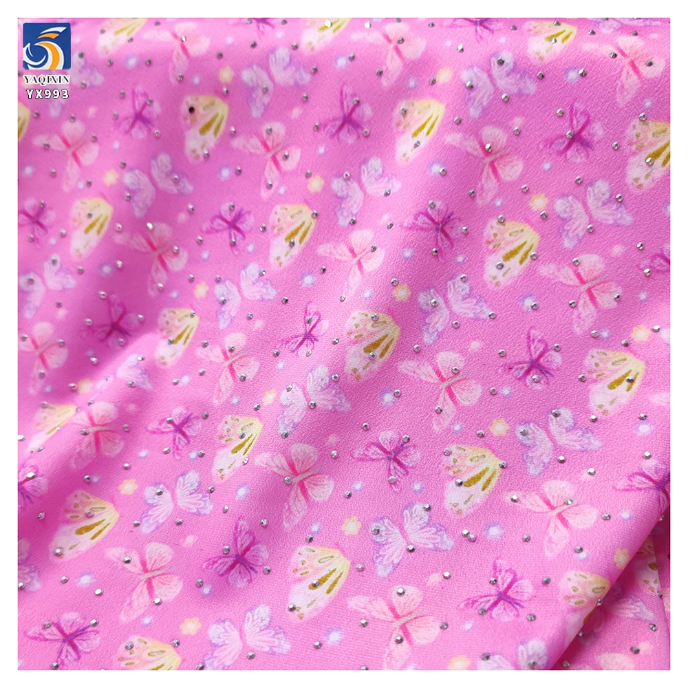 YX993 92% Polyester 8% Spandex Stretch Yoga Swim Fabric With 3D Glass Diamonds Custom Patterns Butterfly Print Stretch Fabric - 图片 6