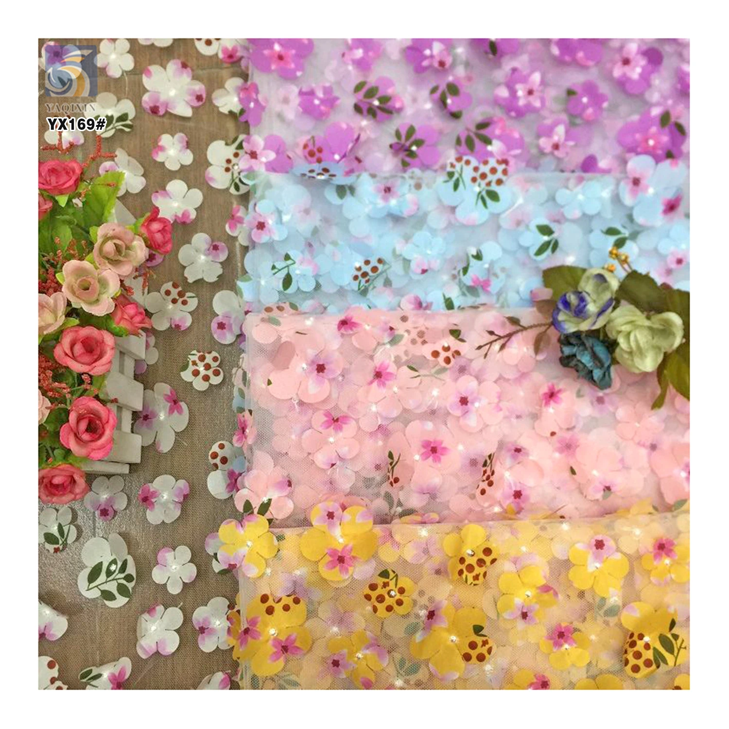 YX169 Custom Cheap Golden Supplier 3D Knitted Embroidery Fabric Mesh Laser Embroidered 3D Floral Tulle Fabric - 图片 2