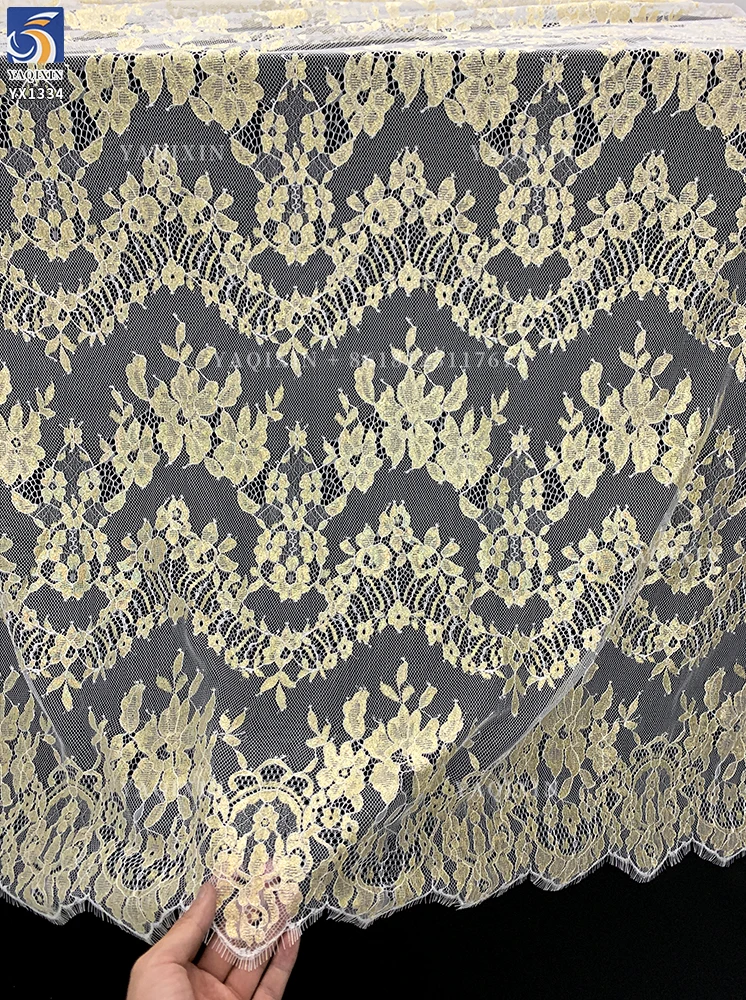 YX1334 2026 3m*1.5m OEM Custom-Dyed Lace Fabric Luxurious French Fashion Dresses Eyelash Gold Lace Fabric Embroidered - 图片 4