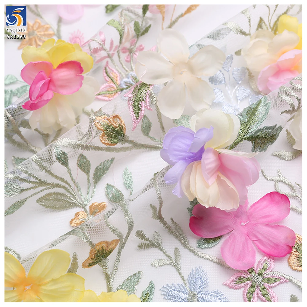 YX1265 Competitive Prices Embroidered Textile Tulle Fabrics Poly Multi-Color Candy Hand Embroidery 3D Flower Dress Fabric - 图片 6