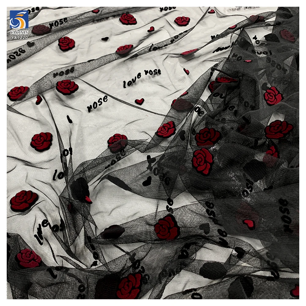 YX1220 French Romantic Mesh Love Rose Valentine's Day Flock Fabrics Knitted Red and Black Florals Flocked Tulle Fabric - 图片 6