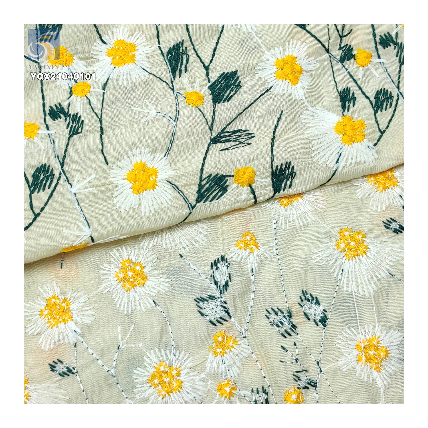 S25 High Quality Combed Breathable Daisy Embroidery Cotton Fabric Medium 180gsm Garments Skirts Ramie/Cotton Linen Fabric - 图片 5