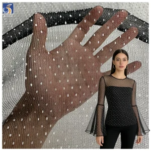 YX1393 2026 Black Mesh Tulle 60gsm Flocked White 3mm Polka Dot Tulle Pleated Fabric Pleated Tulle Flocked White Dot Fabric