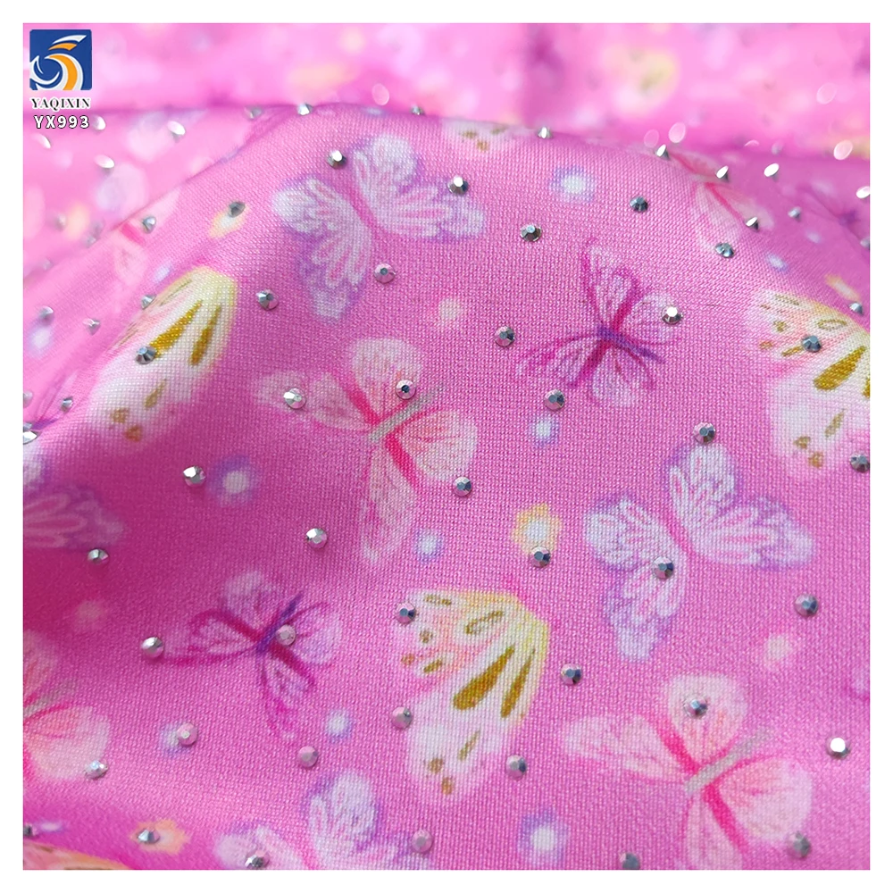 YX993 92% Polyester 8% Spandex Stretch Yoga Swim Fabric With 3D Glass Diamonds Custom Patterns Butterfly Print Stretch Fabric