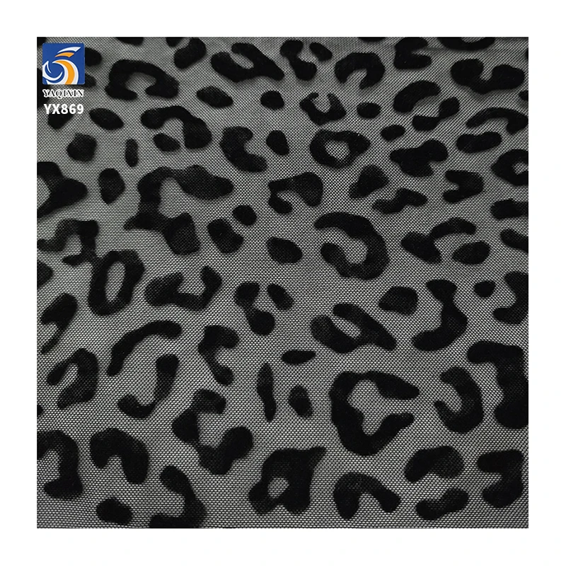 YX869-1 Popular Sexy Leopard Print Black Flocked Tulle Fabric Polyester Mesh Net Flocked Fabric for Underwear Socks - 图片 4
