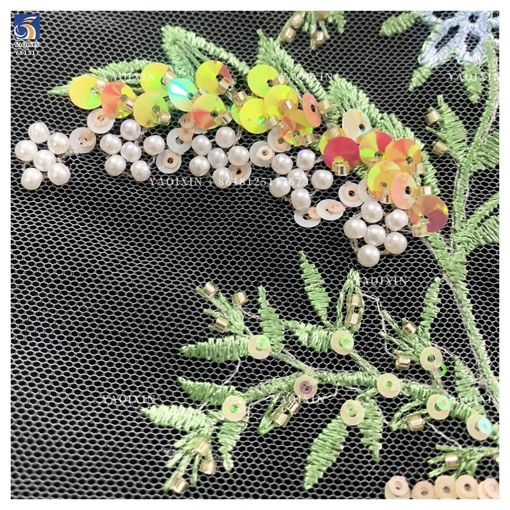 YX1317 Popular Trends and Styles in 2026 Green Sequins Embroidered Mesh Lace Fabrics for Traditional Chinese Women Lace Dress - 图片 3