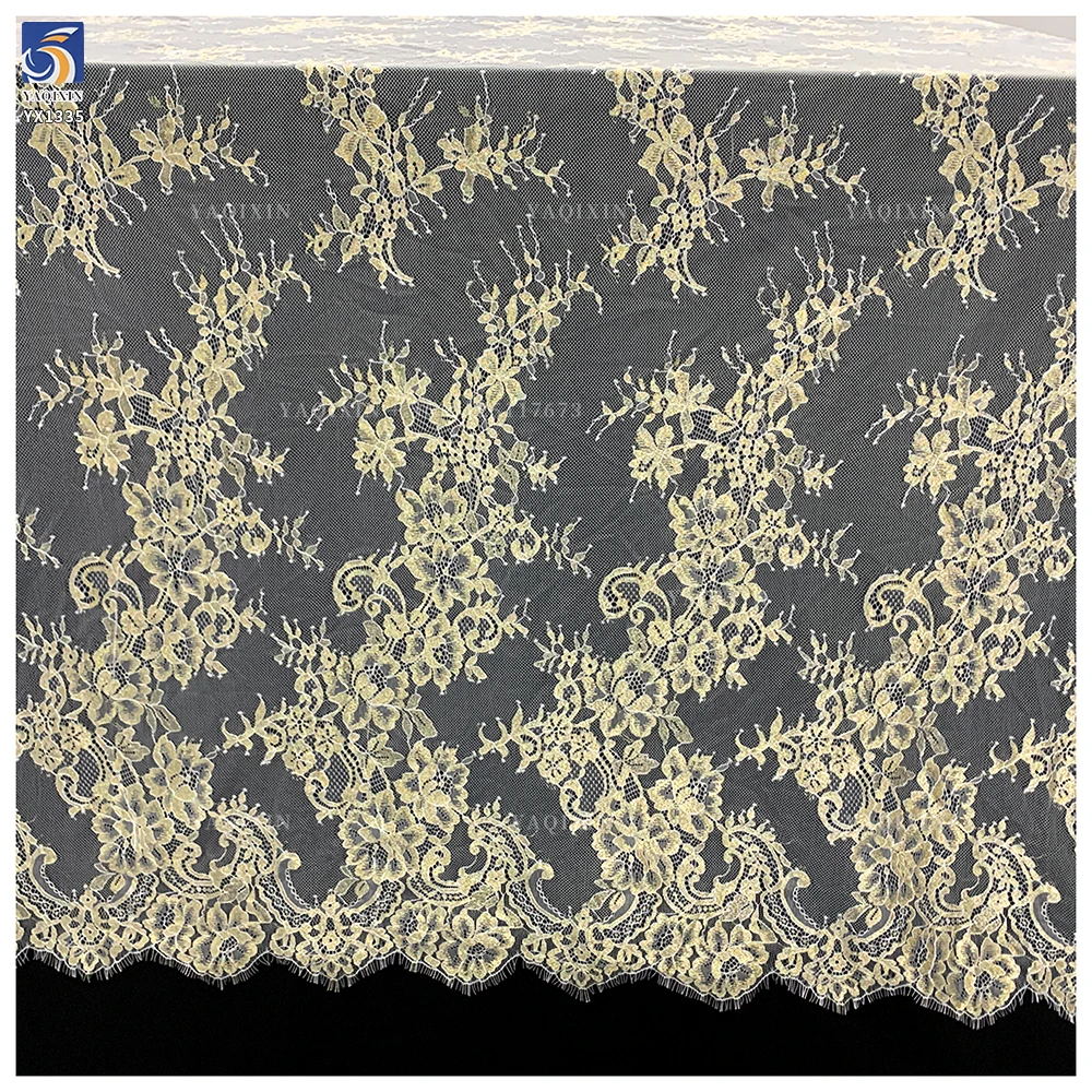 YX1335 European Style Designer Latest Popular 2026 French Lace Fabric Eyelash Custom Dyed Gold Mesh Lace Fabric for Woman - 图片 3