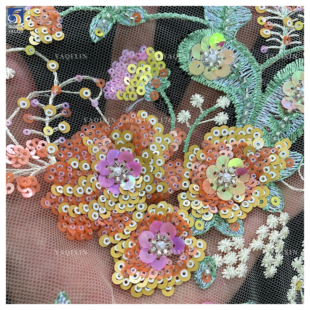 YX1320 Hot-Selling Lace Fabric Colorful Floral 3D Lace Glitter Sequin Embroidered Mesh Women's Dress Fabric - 图片 3