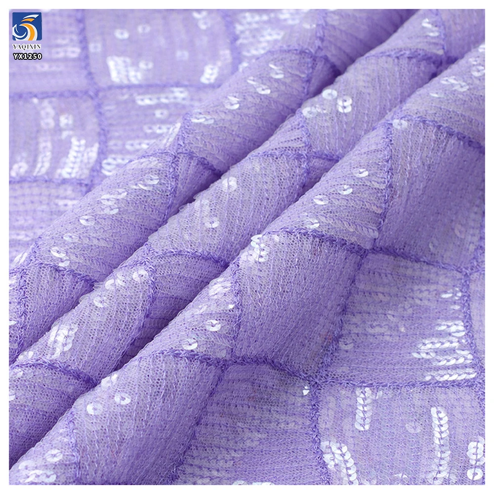 YX1250 Lavender Purple 5mm Sequin Mesh Fabric Crystal Sheet Clear Checkered Embroidered Knit Sequin Trendy Clothing Fabrics - 图片 6