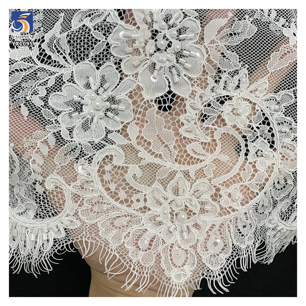 YX1095 Heavy Bridal Lace Fabric Beaded Luxury Fabric in White Polyester Bead Tube Pearl Embroidery Net Mesh Eyelash Lace Fabric - 图片 2