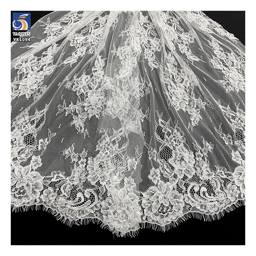 YX1094 High-End Handmade Bone Sewing Eyelash Lace Fabric Heavy Beads Pearls Embroidery Wedding Nigerian Eyelash Lace Fabric - 图片 3