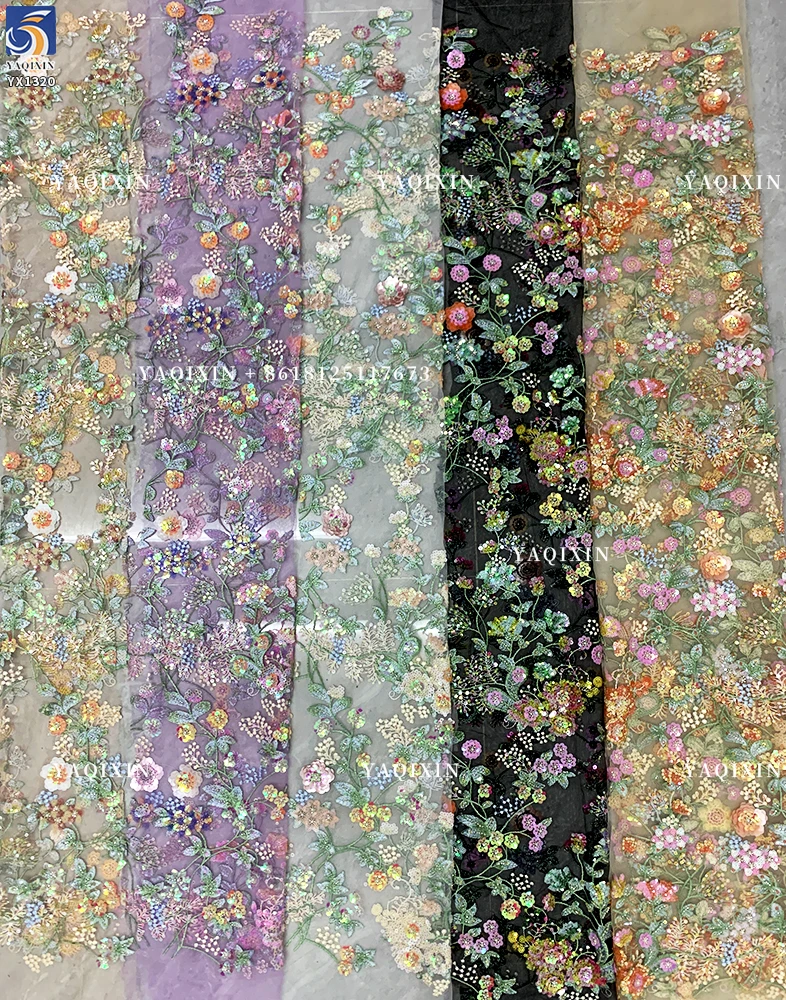 YX1320 Hot-Selling Lace Fabric Colorful Floral 3D Lace Glitter Sequin Embroidered Mesh Women's Dress Fabric - 图片 4