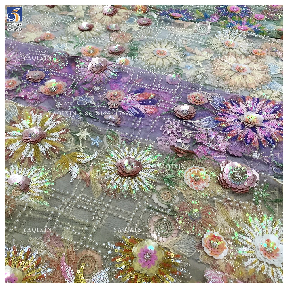 YX1315 Chinese Suppliers Summer-Style Sunflower Design Colorful Sequin Embroidered Mesh Lace Fabric for Women's Clothing - 图片 2