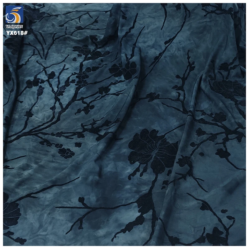YX618 Chinese Retro Plum Blossom Flocked Burnt Flower Fabric 95 Polyester 5 Spandex Black Flock Knitted Stretch Fabric - 图片 4