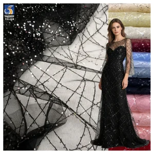 YX1268 2026 Customized 2 Yards Cross Embroidery 3MM Black Sequin Tulle Fabric for Dress Knitted Mesh Fabric With Sequins