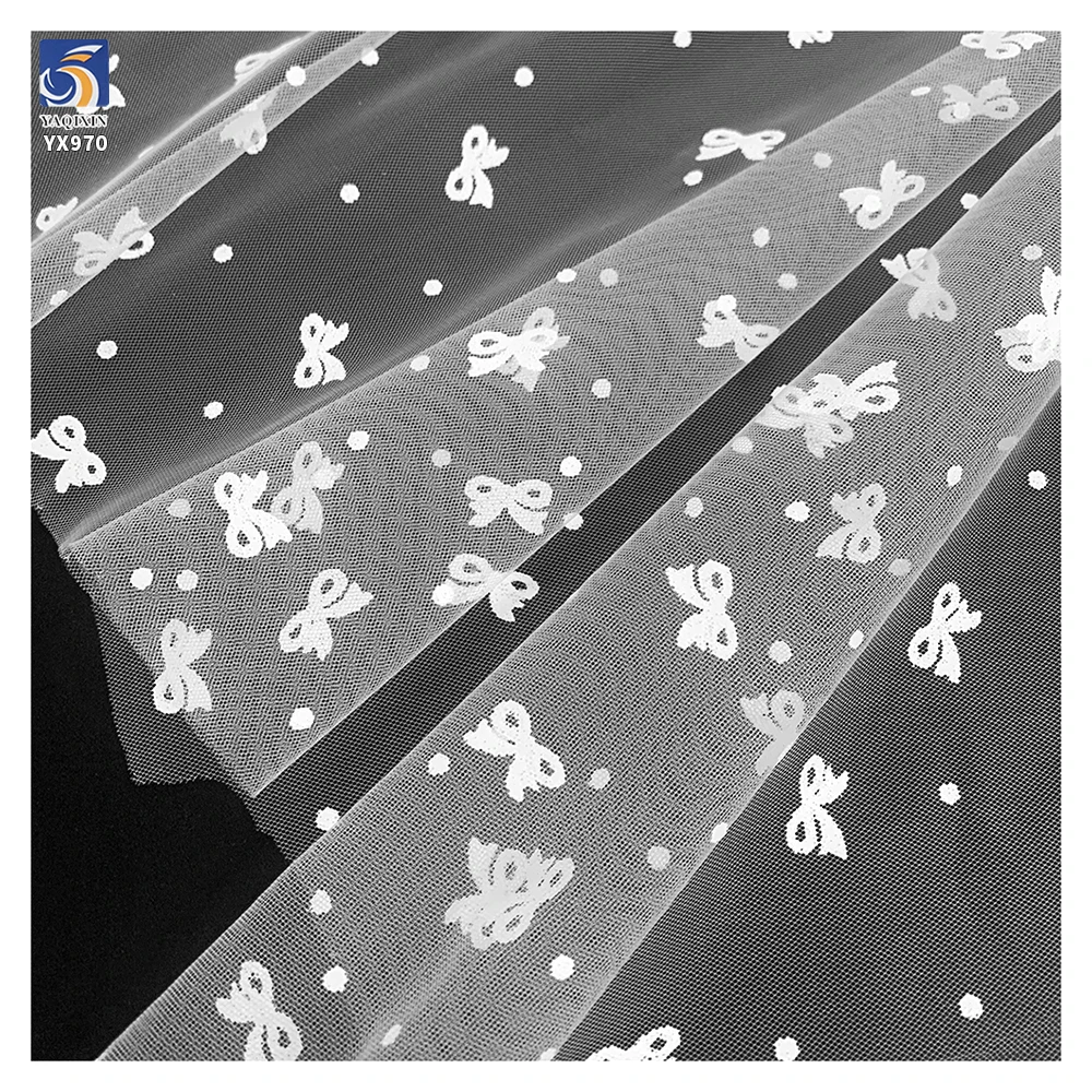 YX970 Plain White Soft Mesh Bow Print Tulle Fabric Festive White Polyester Valentine's Day Romantic Polka Dots Fabric Textile - 图片 3