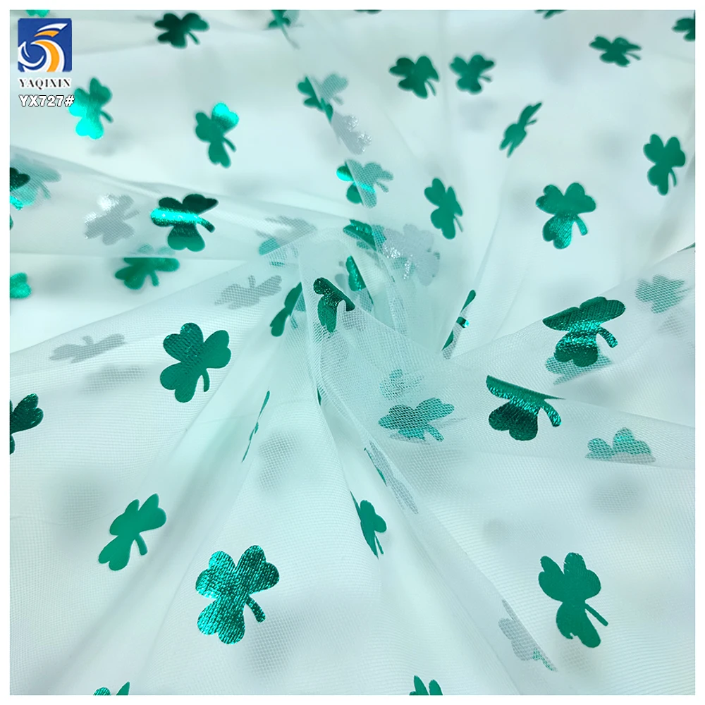 YX727 New Green Clover Printed Tulle Fabric St. Patrick's Day Holiday Printed Green Leaves Mesh Fabric Girls' Skirts Knitted - 图片 4