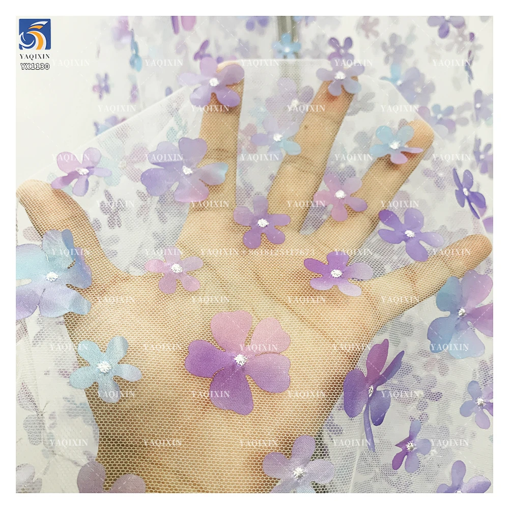 YX1130 High Quality Purple and Blue Gradient Flowers 3D Mesh Fabric 2 Yards Embroidery 3D Florals Tulle Christmas Skirt Fabric - 图片 2
