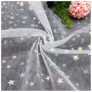 Happy 4th of July American Holiday Party Fabric 100% Polyester Colorful Foil Printed Stars on Tulle Fabric