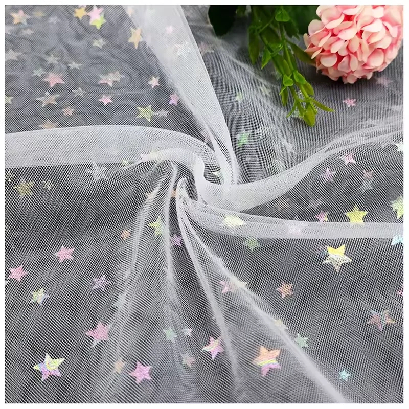 Happy 4th of July American Holiday Party Fabric 100% Polyester Colorful Foil Printed Stars on Tulle Fabric