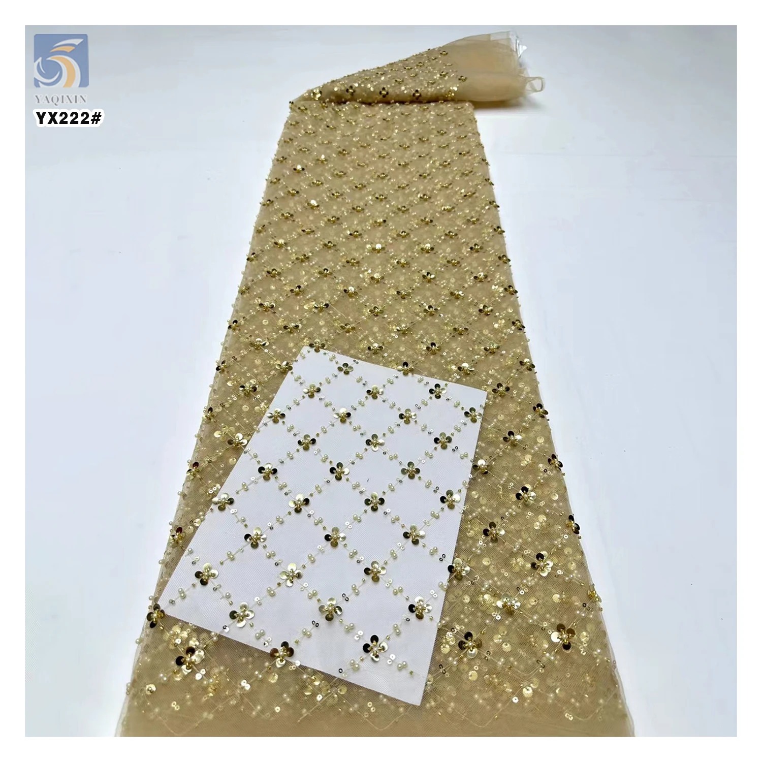 YX222-1 Hot Sales Diamond Bead Embroidery Sequin Lace Fabric Polyester Soft Tulle Bead Sequin Lace Fabric - 图片 4