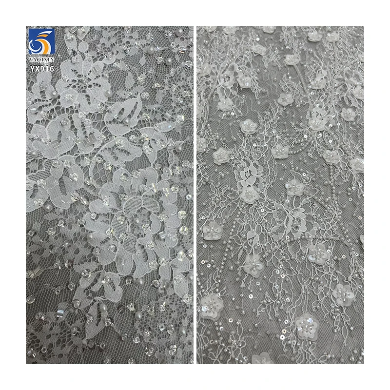 YX916 High-End Elegant White Eyelash Lace Fabric Water-Soluble Lace Fabrics With Bone Thread Heavy Embroidery Beads and Tube - 图片 2