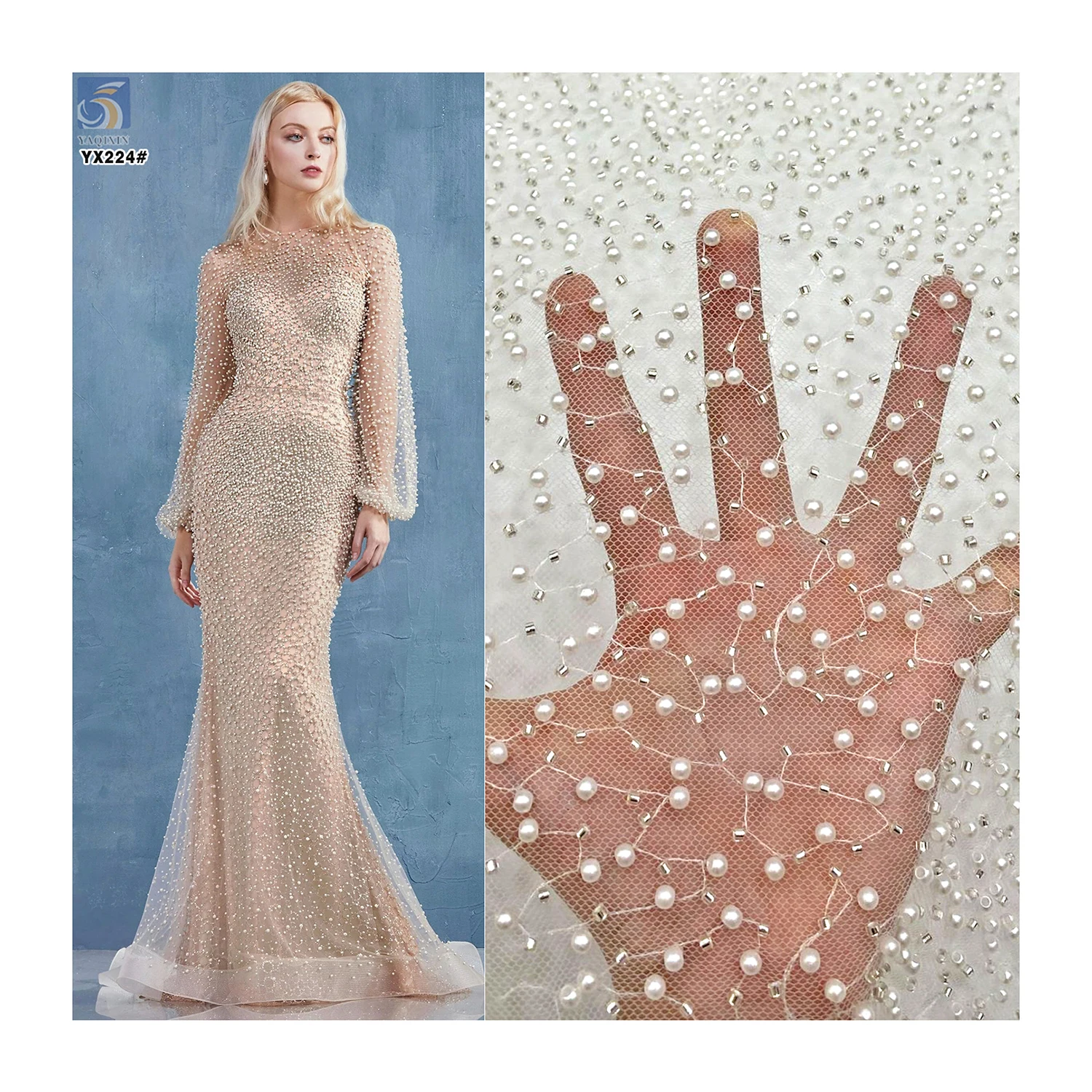 YX224 Custom Bridal Wedding Pearl Lace Fabric Handmade Embroidery Soft Bridal Lace Dress Pearl Beaded Tulle Fabric