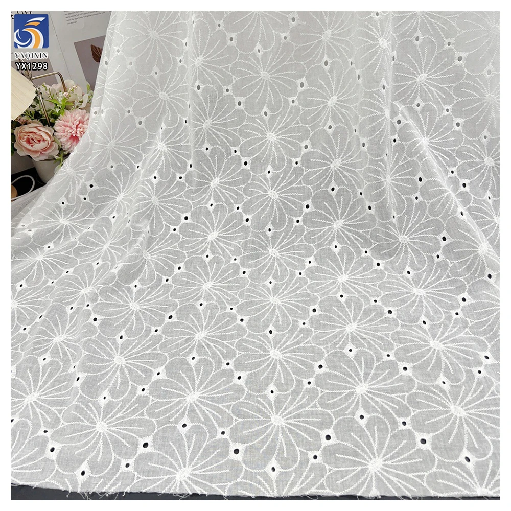 YX1298 Openwork Woven Pure 100 Cotton Embroidered Lace Fabric for Women's Dress Elegant White Cotton Lace Fabric - 图片 2