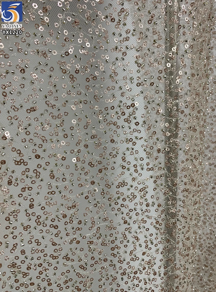 YX1220 Cheap Champagne-Colored Sequin Lace Fabric With Beaded Embroidery High Density Glitter Lace Fabric for Women - 图片 5