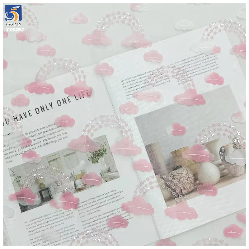 YX639 3D Embroidered Love Heart and Rainbow Bridge Sequined Tulle Fabric for Children's Clothing Valentine's Day Fabric - 图片 4