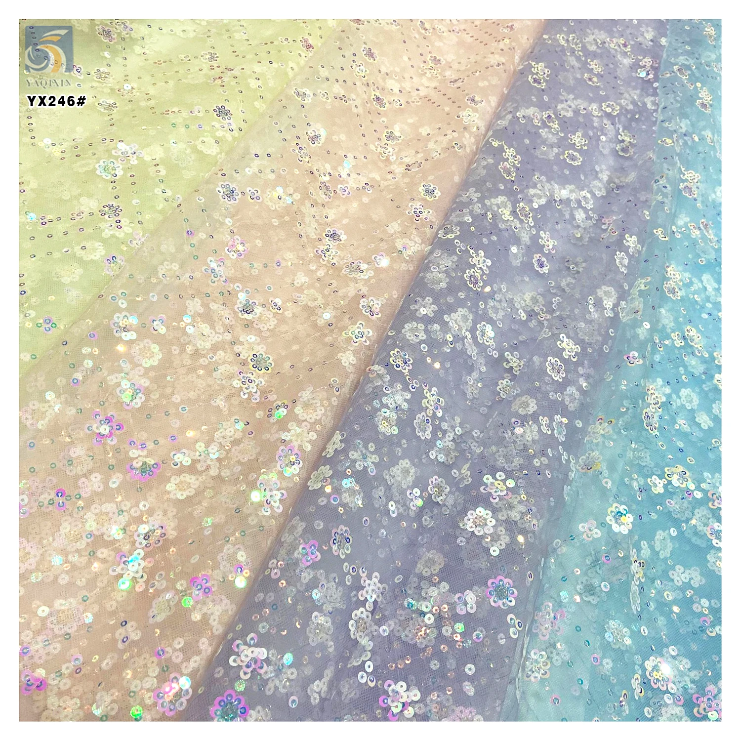 YX246 Fantasy Glitter 3mm 5mm Sequin Plaid Polyester Tulle Fabric Two Tone Color Changing Sequin Embroidered Fabric - 图片 3