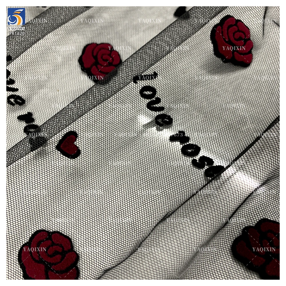 YX1220 French Romantic Mesh Love Rose Valentine's Day Flock Fabrics Knitted Red and Black Florals Flocked Tulle Fabric - 图片 3