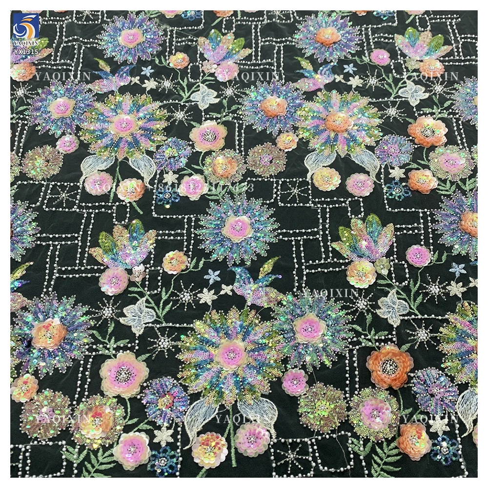 YX1315 Chinese Suppliers Summer-Style Sunflower Design Colorful Sequin Embroidered Mesh Lace Fabric for Women's Clothing - 图片 3