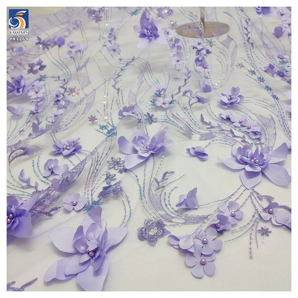 YX1264 Latest Design in China Pearl 3D Embroidery Lavender Purple Fabric 5 Yards Purple Flowers Mesh Fabric With Sequins - 图片 4