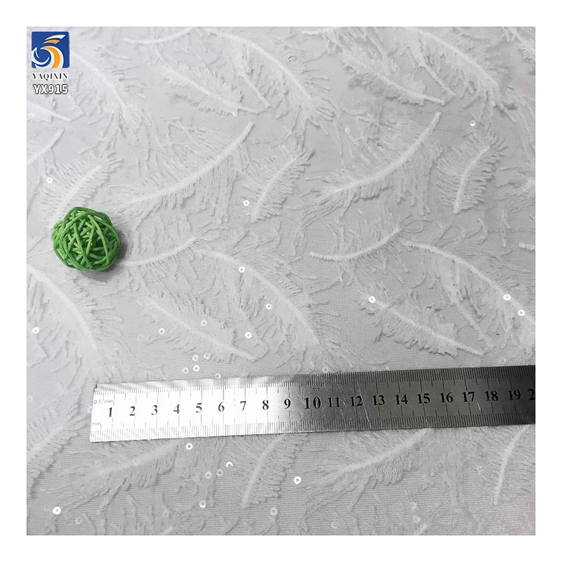 YX915 Multicolor Wholesale 3D White Feathers Lace Tulle Fabric 100 Polyester Milk Silk Embroidery Lace Fabric With Sequins - 图片 3