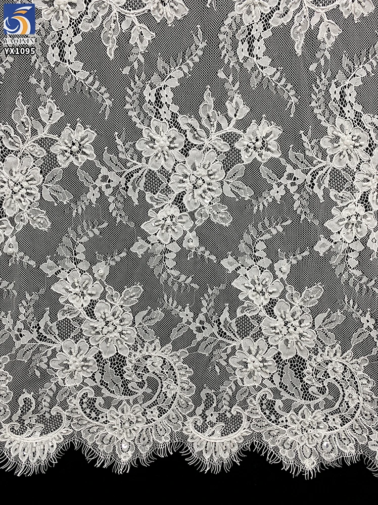 YX1095 Heavy Bridal Lace Fabric Beaded Luxury Fabric in White Polyester Bead Tube Pearl Embroidery Net Mesh Eyelash Lace Fabric - 图片 6