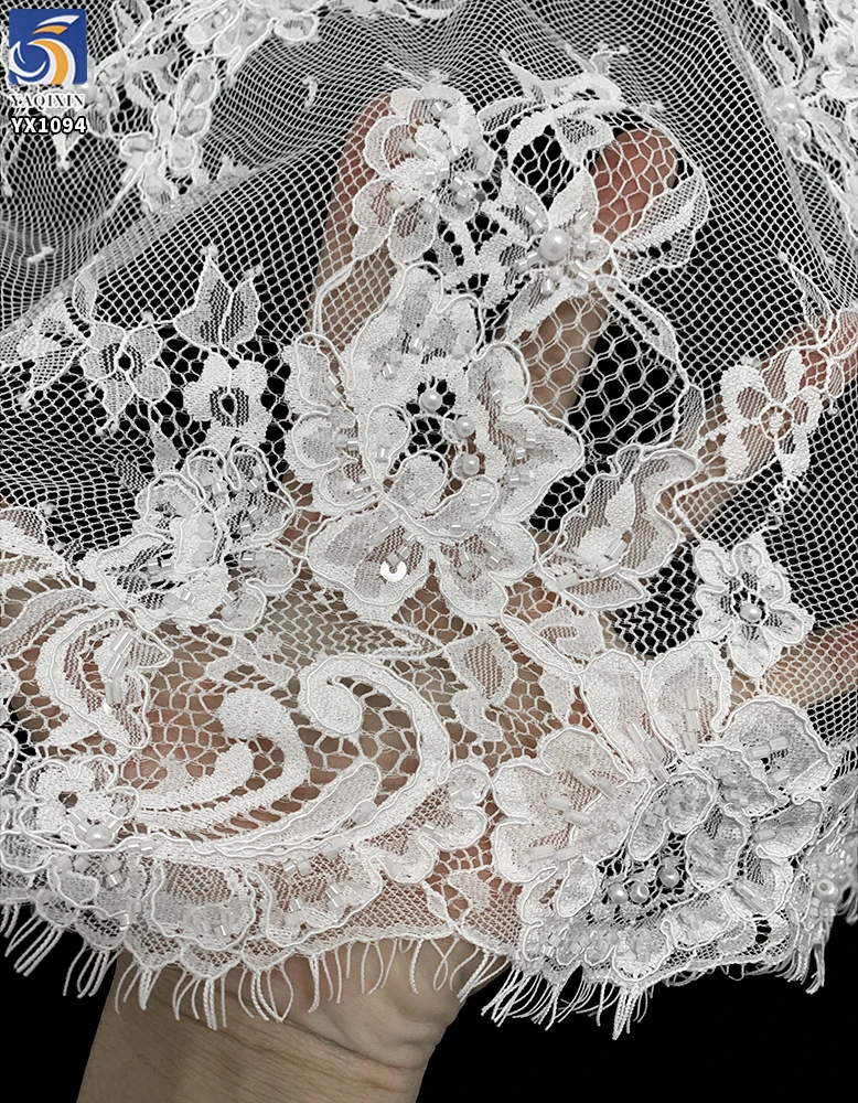 YX1094 High-End Handmade Bone Sewing Eyelash Lace Fabric Heavy Beads Pearls Embroidery Wedding Nigerian Eyelash Lace Fabric - 图片 6