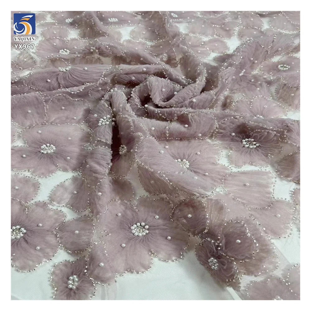 YX967-2 Cheap and Low-Priced 3D Flowers Plain Embroidery Tulle Mesh Fabric With White Pearls 3D Tulle Dress Fabrics for Girl - 图片 2