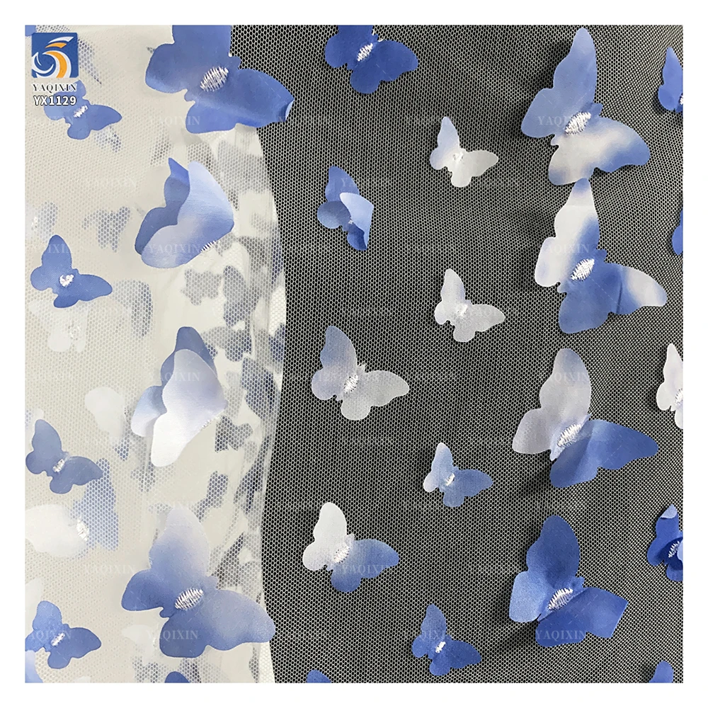 YX1129 Embroidered Tulle Blue and White Gradient Butterflies 3D Tulle Mesh Fabric 2 Yards Latest 2026 Butterfly 3D Mesh Fabric - 图片 3