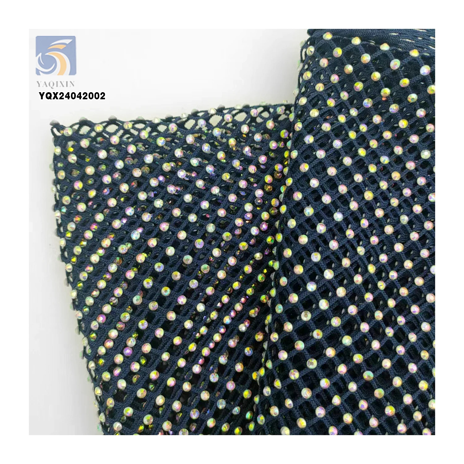 Reasonable Price 130gsm 100%Polyester Black Net Mesh Lace Fabric With Shiny Rhinestones - 图片 5