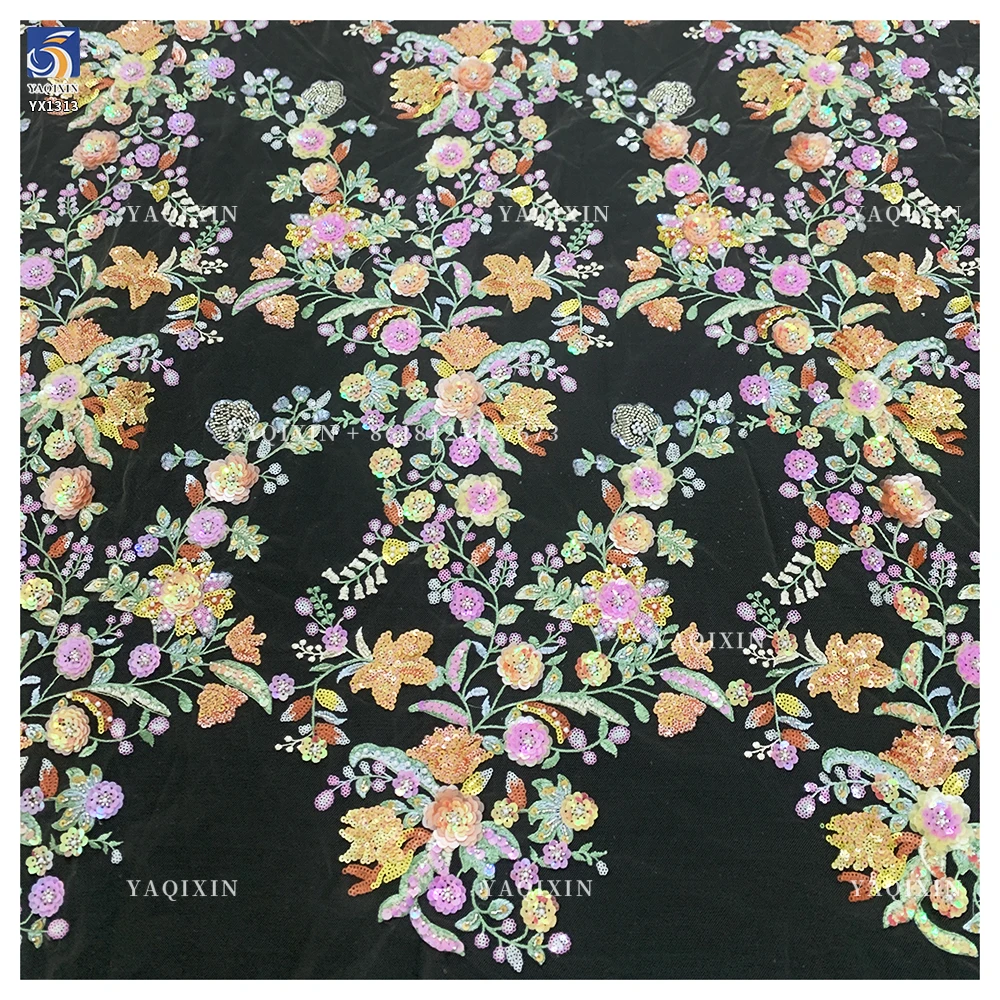 YX1313 Popular Trends Embroidery Fabric 5 Yards Heavy Embroidery Pearl Sequin Flowers Tulle Lace Fabric for Girls Skirts - 图片 4