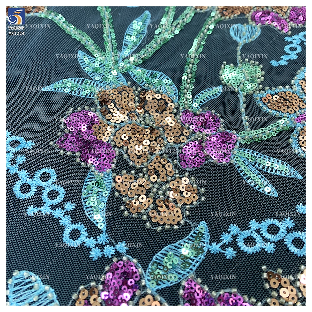 YX1224 African Colorful Sequins Embroidered Lace Fabric Hot Sales Popular Chinese Designer Floral Lace Sequin Fabric Textiles - 图片 3