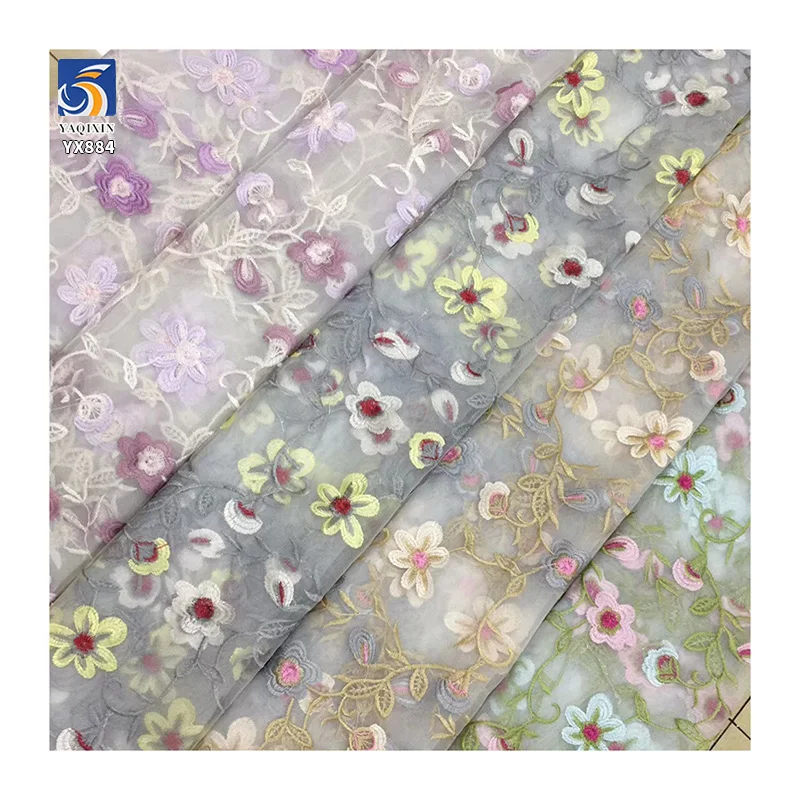 YX884 Fast Shipping Polyester Multi-color Morning Glory Embroidered Tulle Fabric Embroidery Floral Purple Mesh Fabric for Woman - 图片 4
