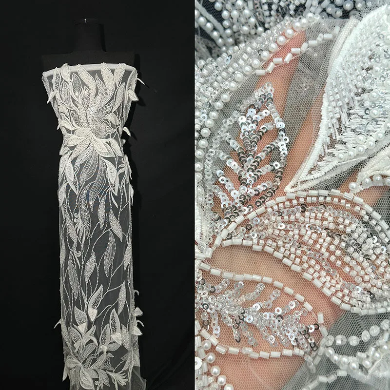 YX1051 Luxurious Lace Material Apricot Embroidery Beads Wedding Sequins Mesh Tulle Lace Fabrics for Evening Party Dresses - 图片 5