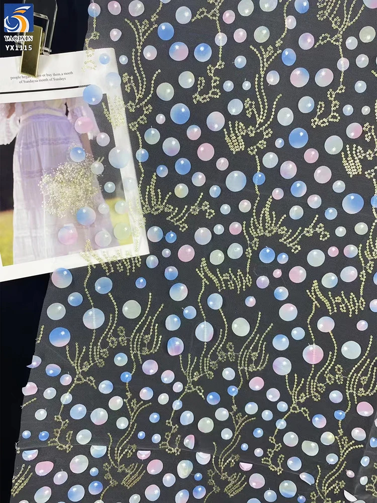YX1115 2026 Applique Sequins Embroidery Tulle Laser Gradient 3D Polka Dot Embroidered Mesh Fabric 2 Yards Cheap for Clothing - 图片 6