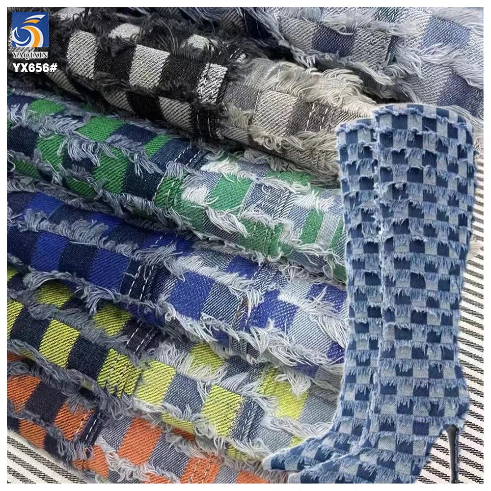 YX656 Fashion Checkerboard Check Plaid Tassel Jacquard Washed Denim Fabric 10oz 85 Cotton 15 Polyester Denim Fabric - 图片 3