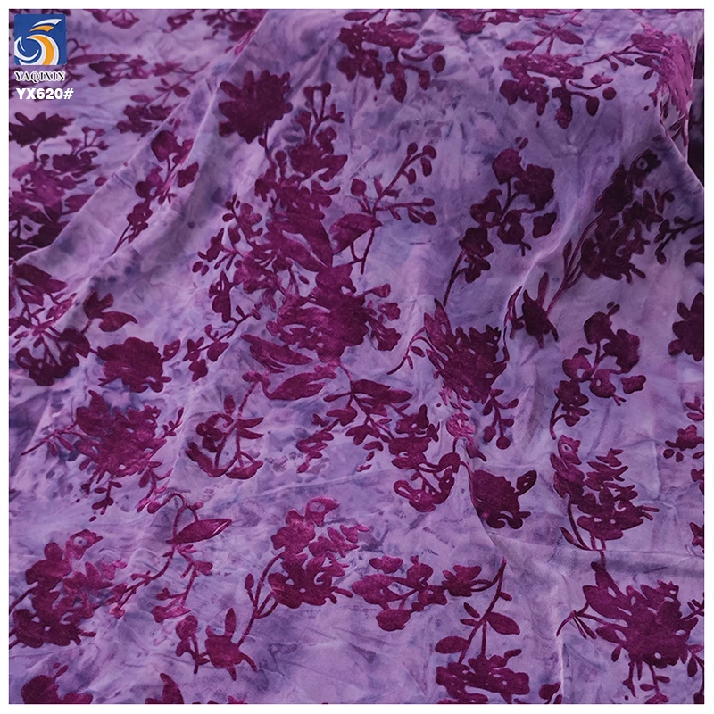 YX620 Factory Supports Custom Noble Purple Chinese Stretch Cheongsam Dress Fabric Elastic Floral Flocked Knitted Fabric - 图片 5