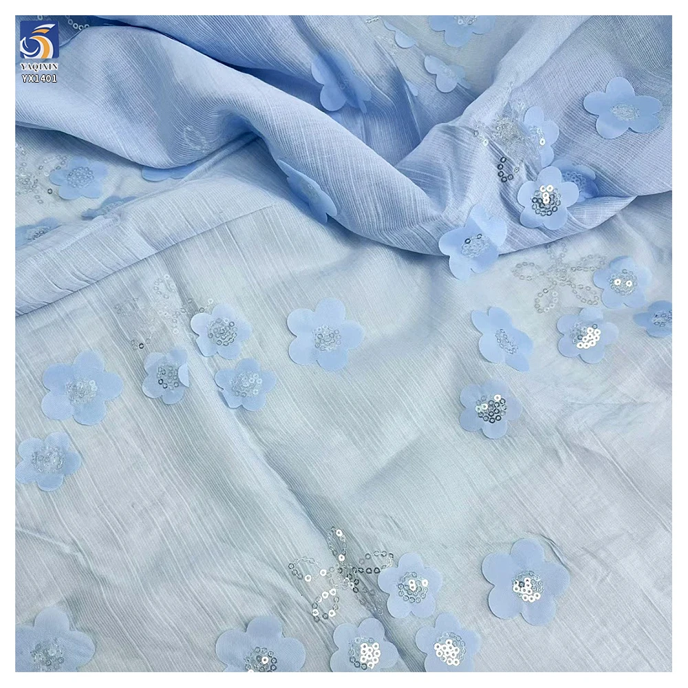 YX1401 Laser 3D Embroidery Sunflower Flowers Chiffon Fabrics With Sequins Crepe Chiffon Fabric for Chinese Cheongsam - 图片 2