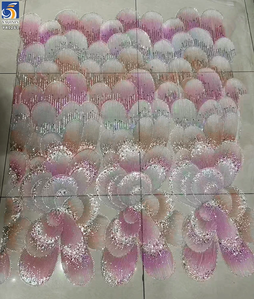 YX1263 New Arrival Mermaid Design Dress Fabric 3D Printed Floral Embroidery Colorful Mesh Lace Fabric With Bead 5 Yards - 图片 6